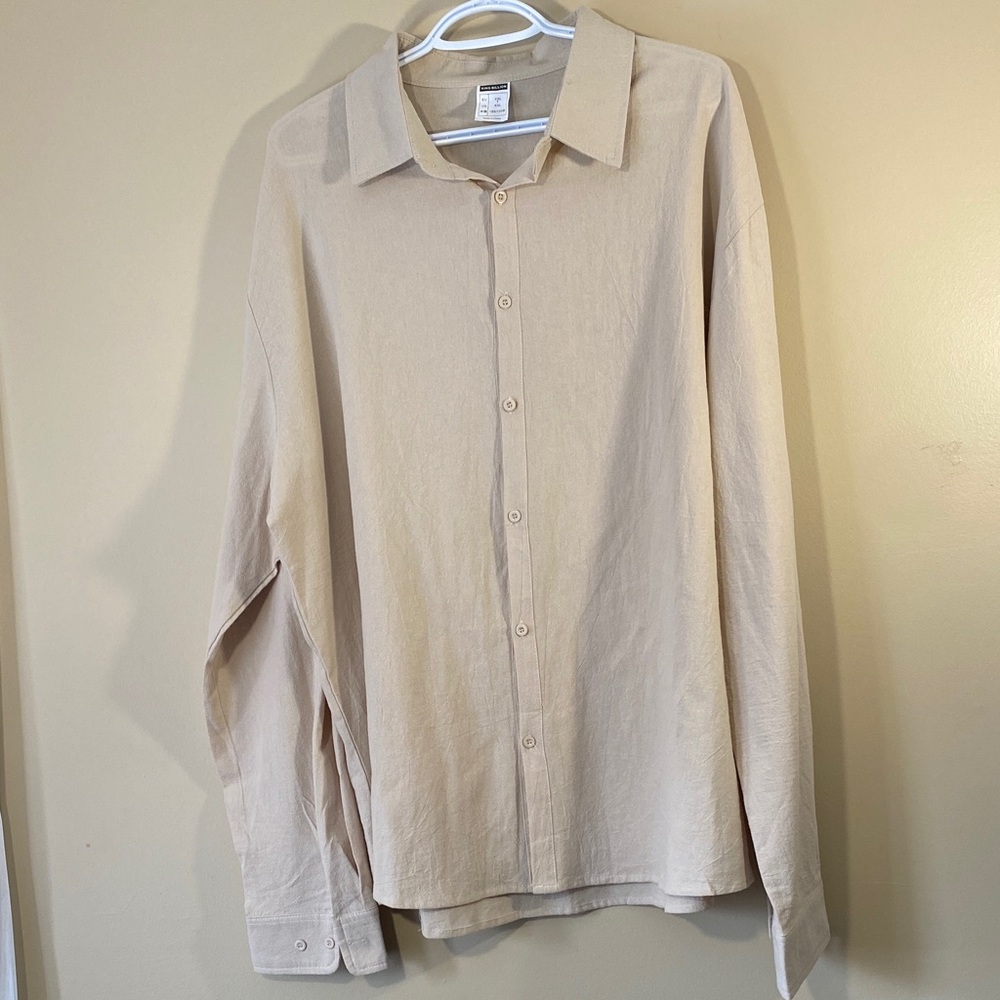 Men’s Beige Linen Cotton Button-Up Shirt | XXL | Neutral Minimal - Picture 2 of 8